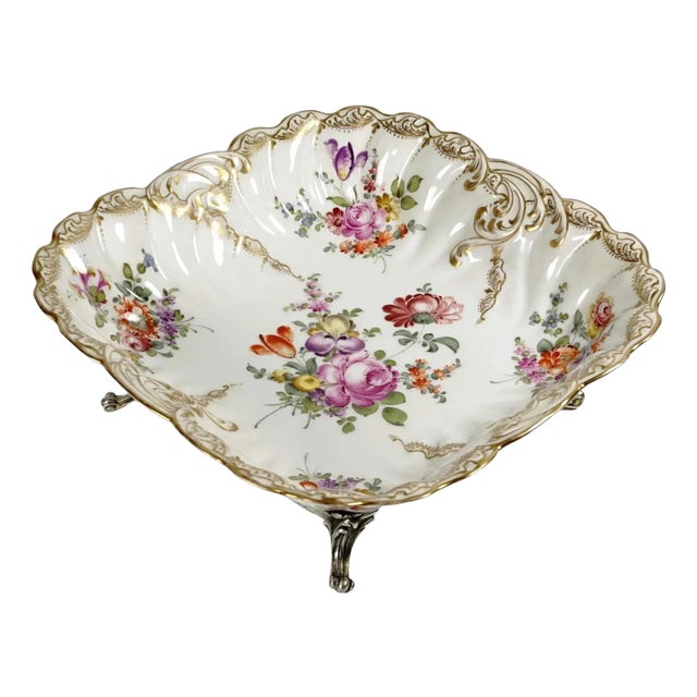 Antique French Sterling Silver & Continental Porcelain Bowl Hand Painted Flowers Gilt Scalloped Rim For Sale