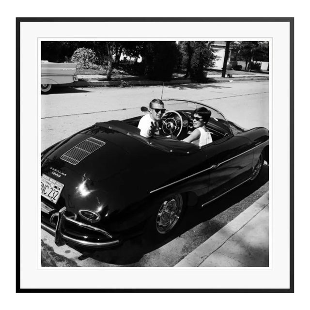 Steve McQueen and Neile Adams Smiling in Porsche Black Framed Archival Pigment Print For Sale
