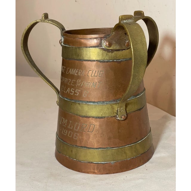 Arts & Crafts Antique 1906 3Handle Beer Stein Copper Brass Camera Club Photograph Award Trophy For Sale - Image 3 of 14