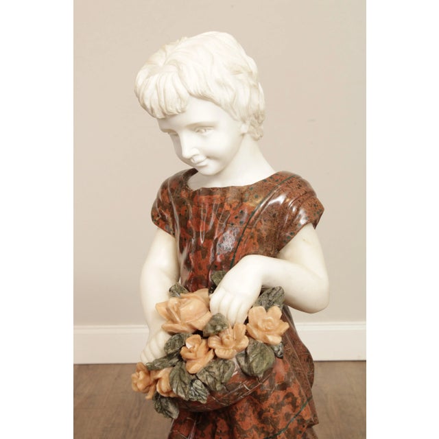 Stone Mid 20th Century Figural Girl with Flowers Carved Marble Life-Size Statue For Sale - Image 7 of 13