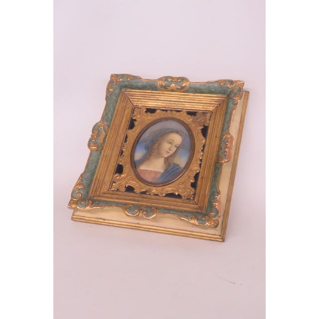 Wood Pietro Perugino Reproduction Madonna Portrait Artwork Gold and Green Frame 5133b For Sale - Image 7 of 17