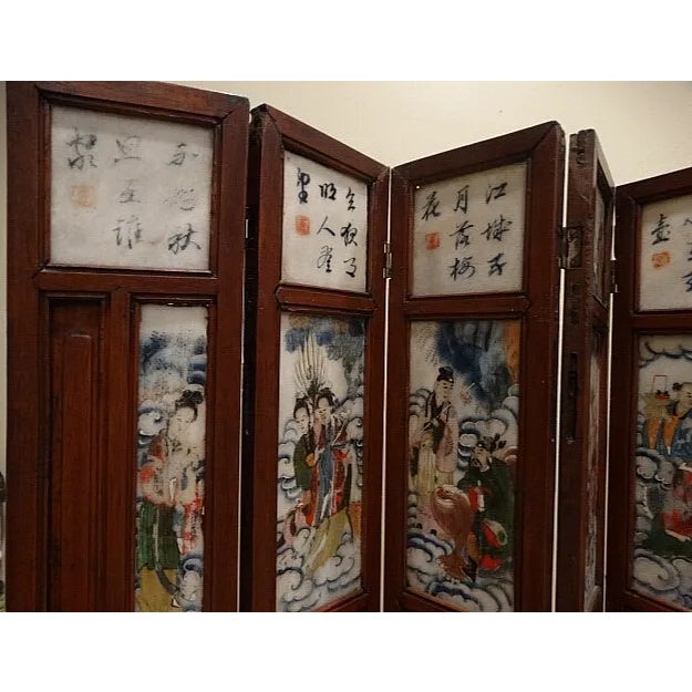 Wood Final Markdown - Antique Tabletop 18th Century Asian 8 Panel Screen W/ Village Scenes & Landscapes For Sale - Image 7 of 14