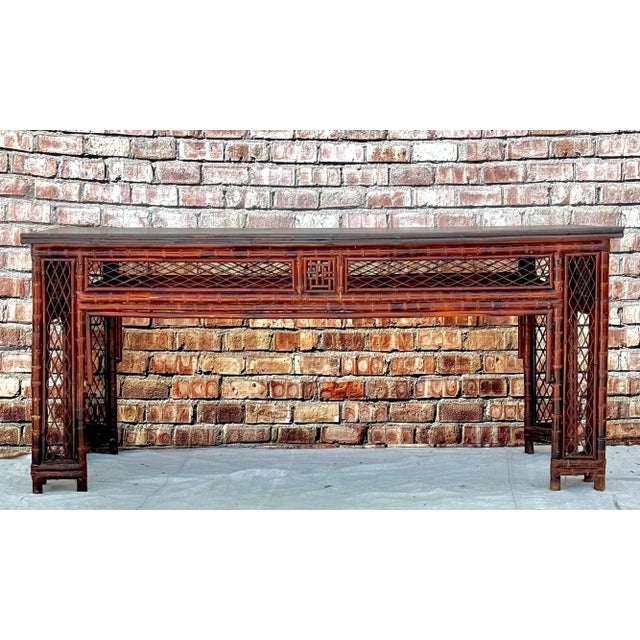 Mid Century Chinese bamboo library table. Amazing Chinese export center or library table featuring intricate bamboo open...