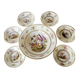 Early 20th Century Royal Austria Hand-Painted Bird Berry Bowl Set - 7 Pieces For Sale