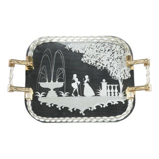 Large Mid-Century Murano Glass Mirror Tray with Gold Leaf Torcido and Rococo Engraving, Italy, 1960s For Sale