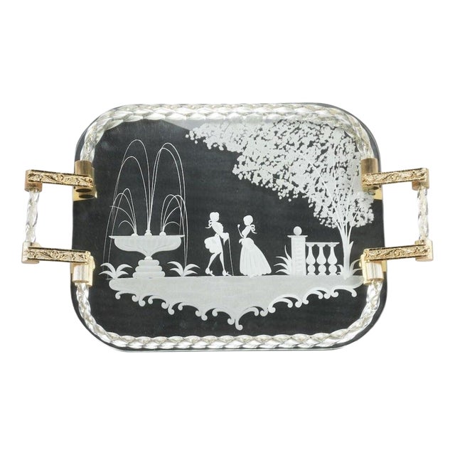 Large Mid-Century Murano Glass Mirror Tray with Gold Leaf Torcido and Rococo Engraving, Italy, 1960s For Sale