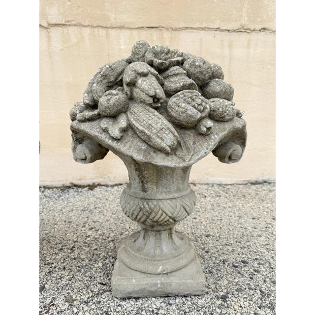 Late 20th Century Vintage Cast Cement Stone 26" Fruit & Flower Basket Garden Lawn Ornament - Pair For Sale - Image 5 of 15