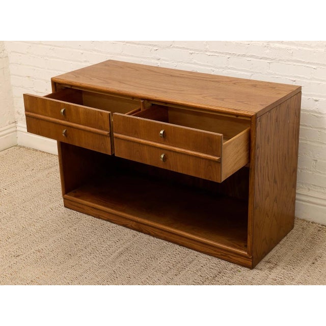 Brown Mid 20th Century Oak Double Drawer Cabinet With Lp Cubby For Sale - Image 8 of 12