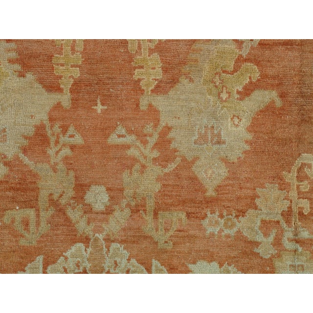 Antique Oushak Carpet, Handmade Oriental Rug, Coral Field, Gold, Ivory Border For Sale - Image 10 of 11