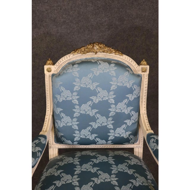 Wood French Carved Painted and Gilded Armchairs Blue Silk - A Pair For Sale - Image 7 of 12
