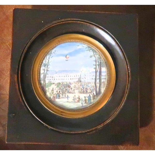 French 18th Century French Miniature Balloon Motif Framed Watercolor Painting - Ascent at Tuileries Palace. For Sale - Image 3 of 7