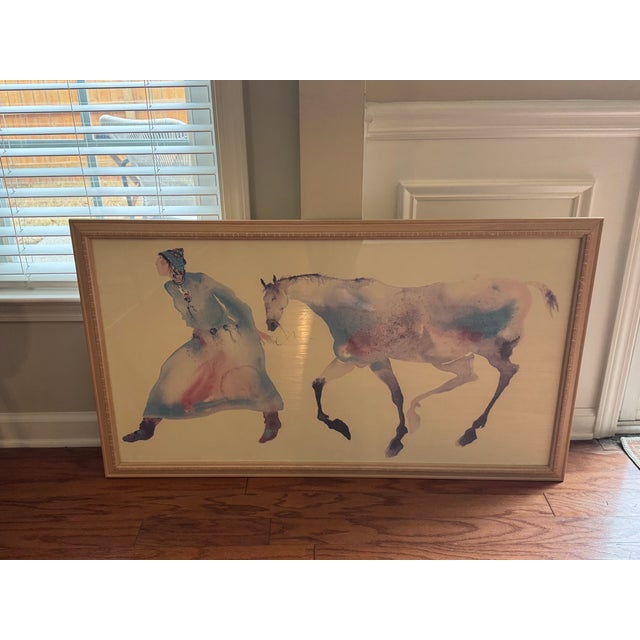 Native American 1980s Guided Motion – Unsigned Watercolor Figure and Horse For Sale - Image 3 of 4