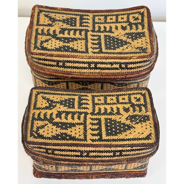 Wood Vintage Nesting Woven Reed Lidded Basket Boxes For Sale - Image 7 of 9