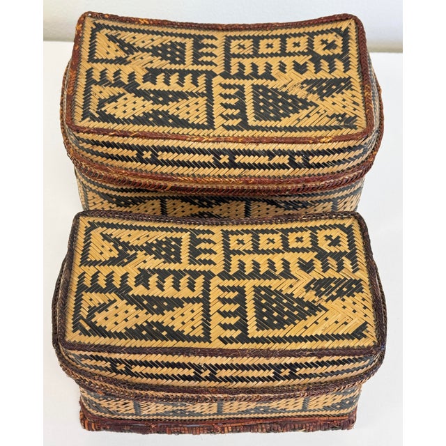 Wood Vintage Stacking Woven Reed Lidded Basket Boxes For Sale - Image 7 of 9