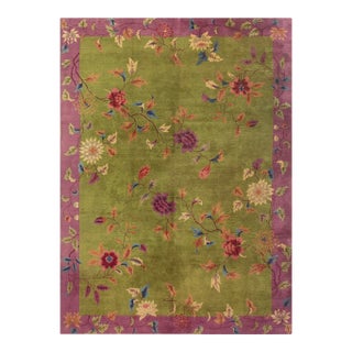 1920s Green Field Floral & Purple Border Knotted Wool Antique Chinese Art Deco Rug For Sale