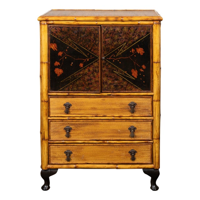 English 1890s Japonism Bamboo Cabinet with Two Doors and Three Drawers For Sale