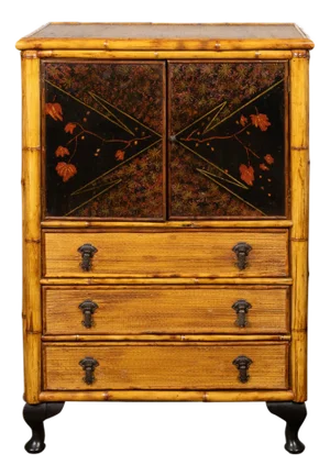 English 1890s Japonism Bamboo Cabinet with Two Doors and Three Drawers