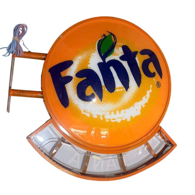 Vintage 1990s FANTA Orange Soda Illuminated Acrylic Lighted Sign 2 Sided Wall Mounted Metal Bracket. Missing cover on one...