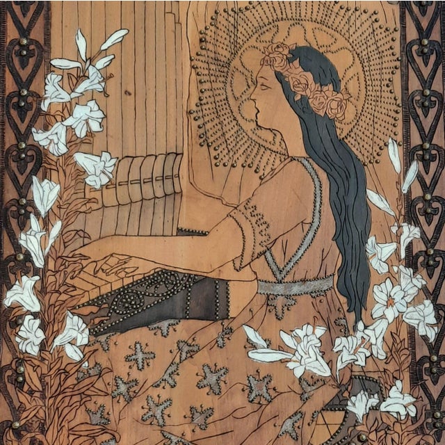 This Art Nouveau pokerwork or pyrography panel originates from France. Date: around 1900. Detailed decoration, also with...