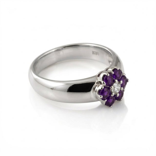 Amethyst Floral Band Ring, Dainty February Birthstone Stackable Ring Us 7 For Sale - Image 4 of 4