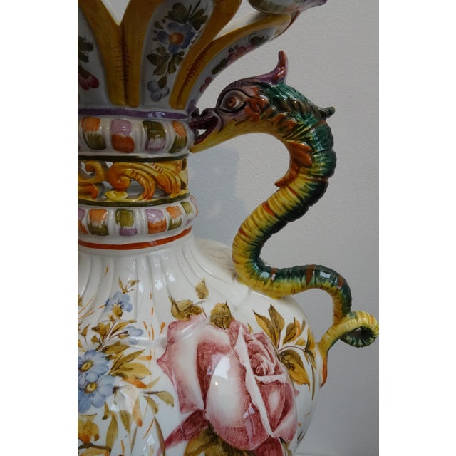 Renaissance Style Hand-Painted Majolica Vase with Flowers and Dragon-Shaped Handles from Nove Bassano, Italy, 1950s For Sale - Image 3 of 17