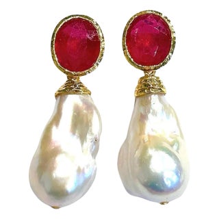 Bochic “Orient” Ruby & White South Pearls Earrings In 18K White Gold & Silver, 2 pieces For Sale