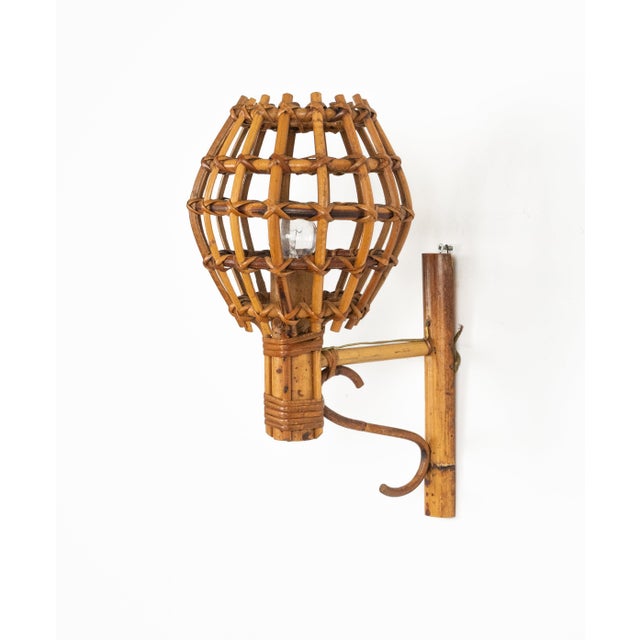 Mid-Century Modern Mid-Century Rattan and Bamboo Wall Sconce in the style of Louis Sognot, 1960s For Sale - Image 3 of 9