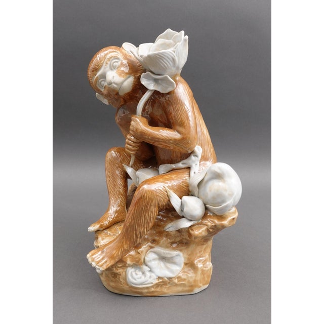 Vintage Porcelain Seated Monkey With Rose Incense Burner Statue Chinese For Sale - Image 4 of 8