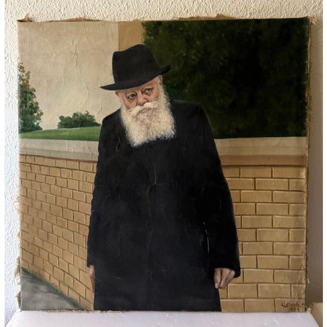Large Judaica Original Oil Rabbi Painting Lubavitcher Rebbe 770 Chabad, New York, 1994 For Sale - Image 4 of 9
