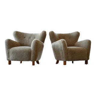 Pair of 1940's Style Classic Club or Lounge Chairs in Grey Shearling For Sale