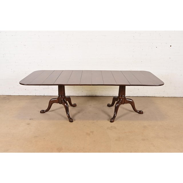 Baker Furniture Style Georgian Monumental Solid Cherry Wood Double Pedestal Extension Dining Table, Newly Refinished For Sale In South Bend - Image 6 of 14