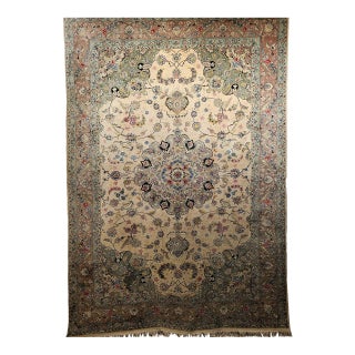 Vintage Persian Tabriz Rug, Hand-Knotted Wool & Silk, Fine Floral Pattern, Ivory & Taupe, 7x10 For Sale