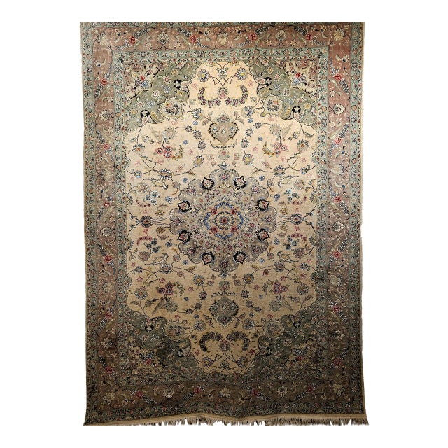 Vintage Persian Tabriz Rug, Hand-Knotted Wool & Silk, Fine Floral Pattern, Ivory & Taupe, 7x10 For Sale