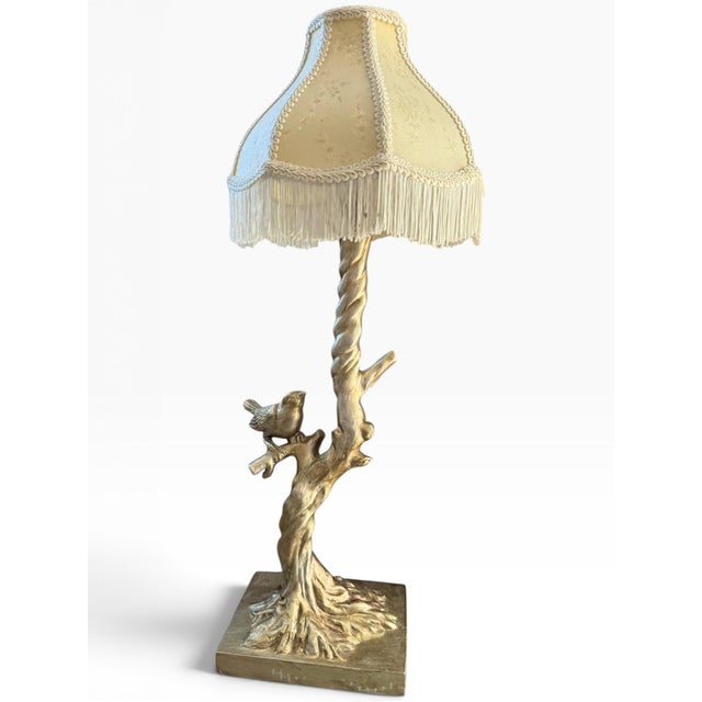 Bird on Tree Trunk Table Lamp With Fringed Scalloped Shade | Hollywood Regency For Sale - Image 4 of 9