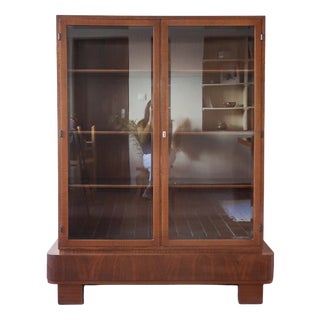Glazed Walnut Bookcase with Stepped Plinth Base, 1960s For Sale