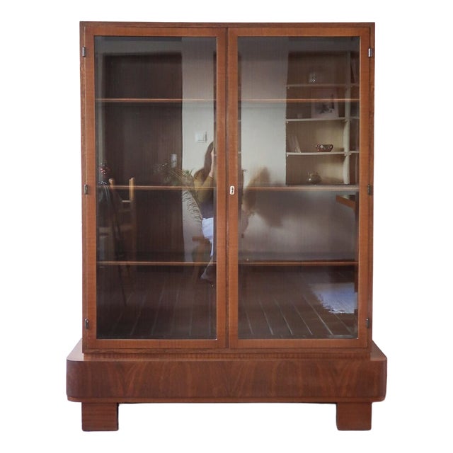 Glazed Walnut Bookcase with Stepped Plinth Base, 1960s For Sale