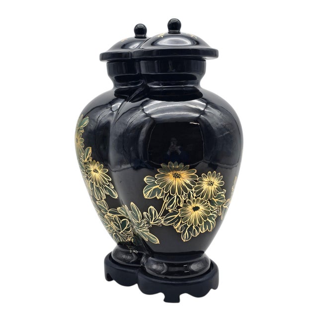 1980s Rare Chinese Conjoined Ginger Jar With Stand 15.5" Black Gold Double Lidded For Sale - Image 5 of 15