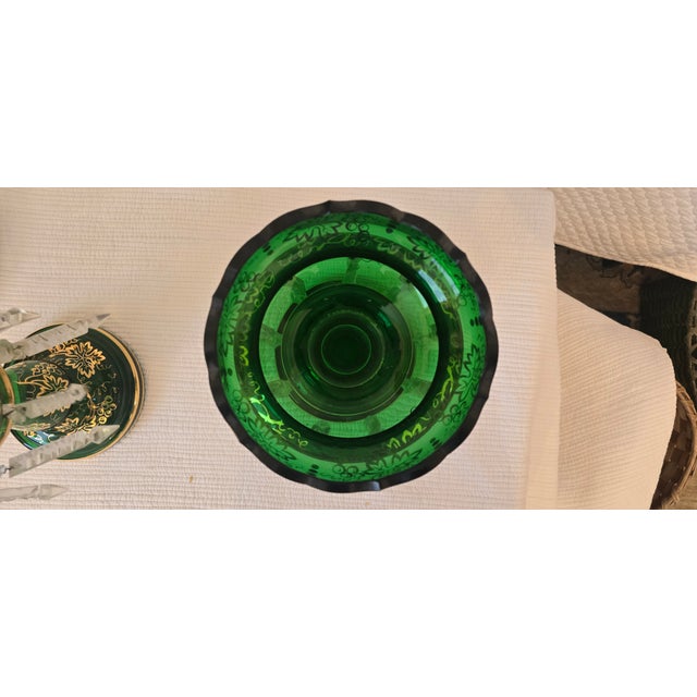Traditional Pair of Bohemian Emerald Green Glass Lusters With Gilt Decoration and Crystal Prisms For Sale - Image 3 of 3