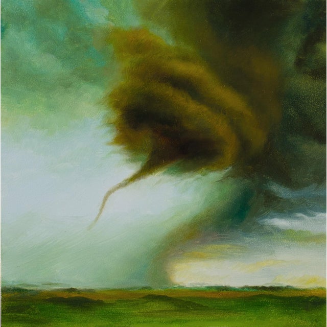 Funnel II by Dana Hawk | Oil on panel Oil painting of a tornado in a stormy landscape For Sale