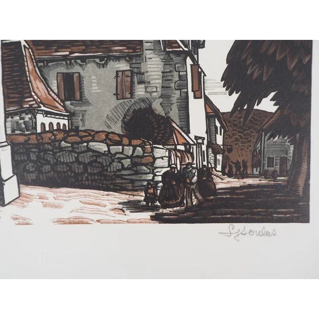 Louis Soulas, Dordogne, The Place at Domme, 1928, Original Signed Woodcut For Sale - Image 5 of 6