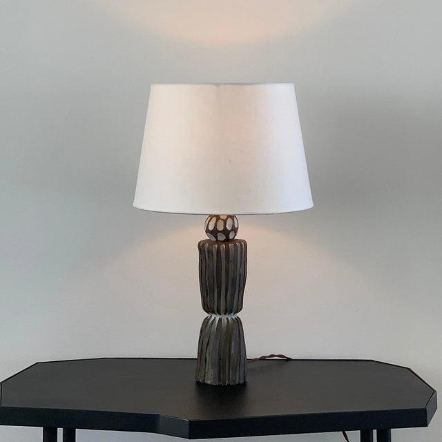 Grooved 'Sillons' Pottery Lamp with Parchment Shade by Design Frères For Sale In Los Angeles - Image 6 of 7
