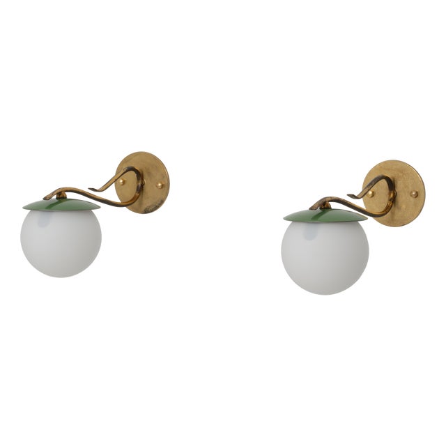 Vintage Italian Green Enameled Metal and Opaline Glass Wall Sconces, 1950s, Set of 2 For Sale