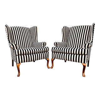 Vintage Wingback Chairs in Black and White Stripe Grosgrain Fabric, Pair For Sale