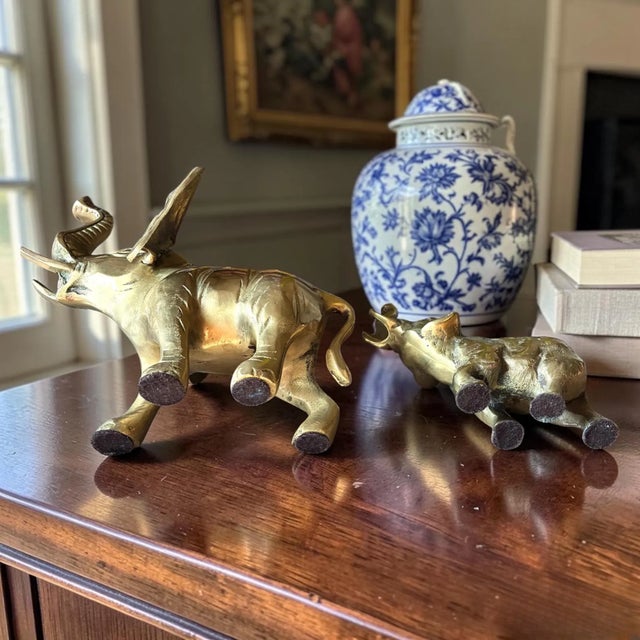 Vintage Solid Brass Elephant Figurines Pair | Mid Century Decor | Hollywood Regency | Grand-Millennial Shelf Decor For Sale - Image 10 of 10