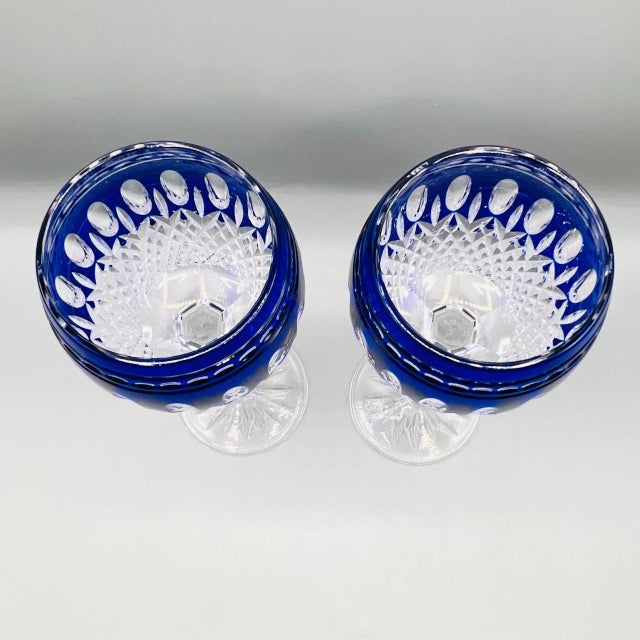 Vintage Crystal Clarendon Hock Wine Glasses from Waterford, Blue Cut in Clear, 1980s, Set of 2 For Sale - Image 6 of 16