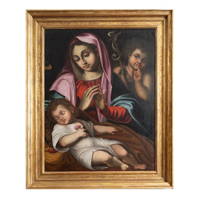 Madonna with Sleeping Child and the Infant Saint John, 17th Century., Oil Painting on Canvas For Sale