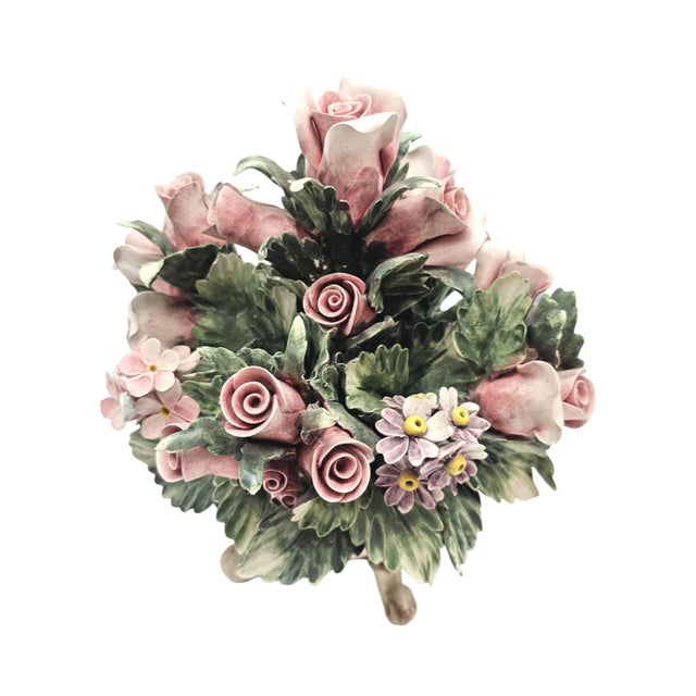 Ceramic VTG Nuova Capodimonte Porcelain Floral Centerpiece Basket Italy Signed 9.5 In For Sale - Image 7 of 11