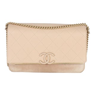 Beige Quilted Caviar Suede Lady Coco Chain Flap Bag For Sale