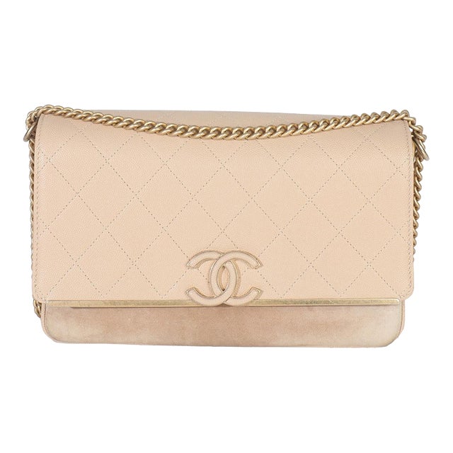 Beige Quilted Caviar Suede Lady Coco Chain Flap Bag For Sale