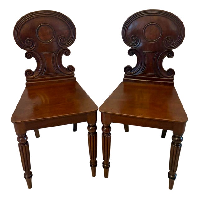 Antique Regency Carved Figured Mahogany Hall Chairs, 1830s, Set of 2 For Sale
